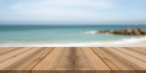 Fototapeta premium Wooden tabletop with blurred ocean view in background