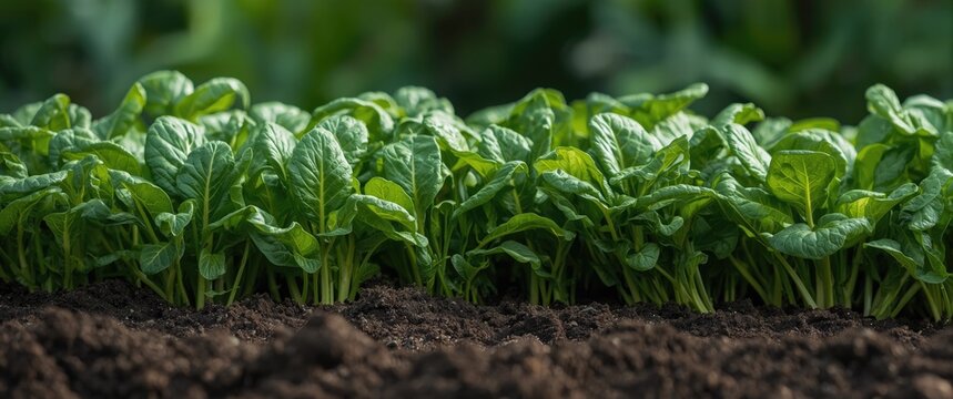 Healthy green spinach plants growing in rich soil