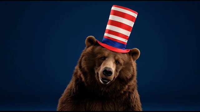 Whimsical Brown Bear Wearing a Festive Uncle Sam Hat in a Studio Portrait, Patriotic and Cheerful