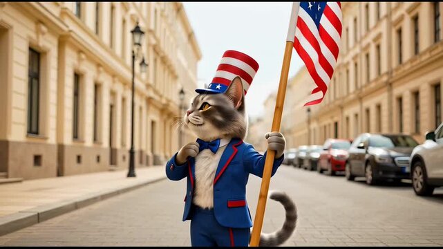 Whimsical Cat Dressed as Uncle Sam Holding American Flag on City Street