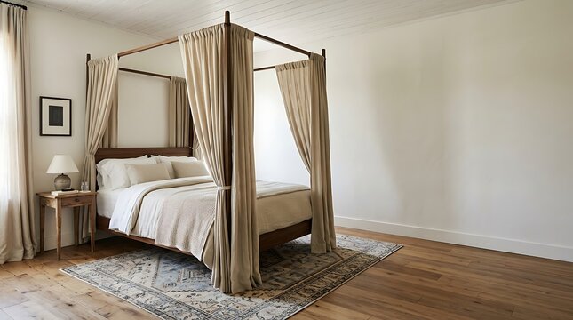 Elegant four poster canopy bed in a minimalist bedroom