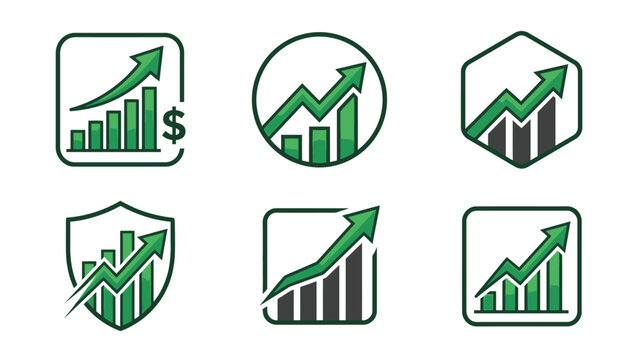 Diverse business growth indicators showcasing dynamic upward trending green arrows and ascending bar charts within various geometric frames including squares circles and shields signifying