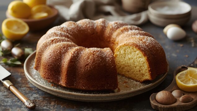 Lemon bundt cake on a rustic table setting