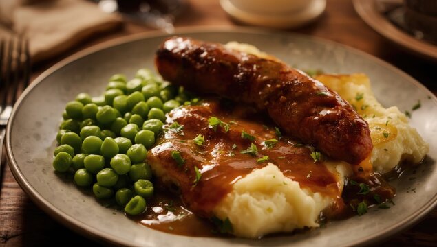 Sausages with mashed potatoes and green peas on a plate