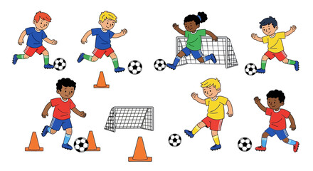 Fototapeta premium Children Playing Soccer with Cones.