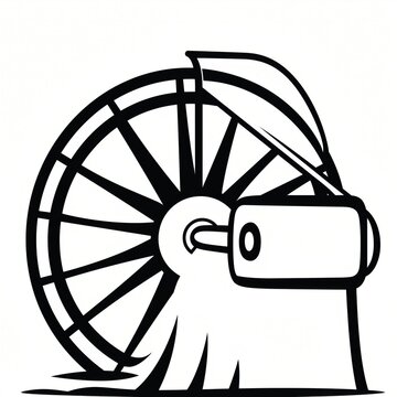 Black and White Illustration of a Water Wheel with Flowing Water Against a Simple Background for Environmental and Historical Themes