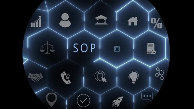 SOP, Standard operating procedure concept.SOP icons on virtual screen. Standard operating procedure with instruction, quality, process, operation, optical lager light background