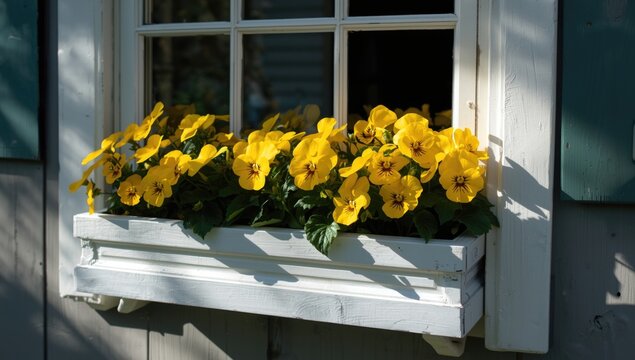 Yellow pansies in a white window box on a house