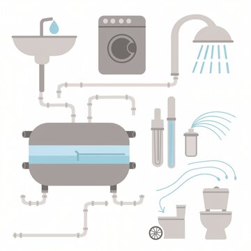 Conceptual illustration of a modern bathroom plumbing system with washing machine, shower, sink, toilet, pipes, and water filtration system in flat design style