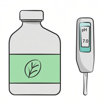 Green Bottle with Leaf Design, pH Meter Showing Seven, Concept of Eco-Friendly Products and Sustainability in Natural Chemistry for Stock Photography