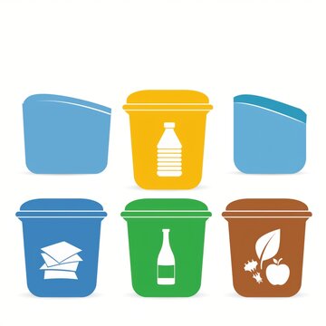 Colorful Recycling Bins for Plastic, Glass, and Paper Waste Management in Urban Environment Promoting Eco-Friendly Practices and Sustainability Awareness