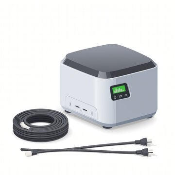 Modern Compact Power Supply Unit with Display Screen and Power Cords for Electronic Devices and Appliances in a Clean White Finish