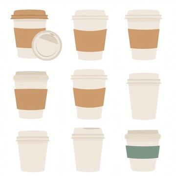 Collection of Simple Coffee Cups with Cardboard Sleeves on White Background for Use in Design, Backgrounds, or Marketing Materials