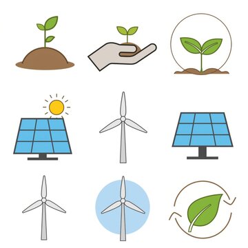 Illustrative Icons of Renewable Energy and Sustainable Growth Featuring Plants, Solar Panels, Wind Turbines, and Eco-Friendly Concepts for Environment Themes