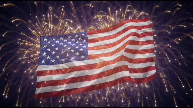 Waving American Flag with Sparkling Fireworks Display Against a Dark Blue Background, Celebrating