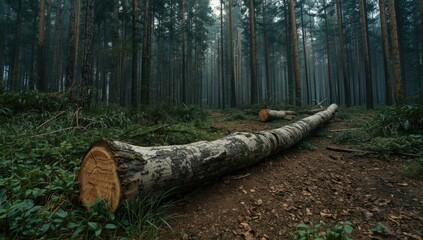 Fototapeta premium Fallen tree trunk on forest floor in misty woods