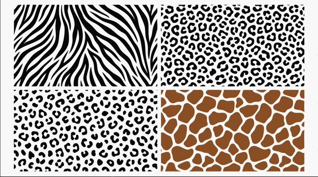 Animal print patterns featuring zebra, leopard, and giraffe markings