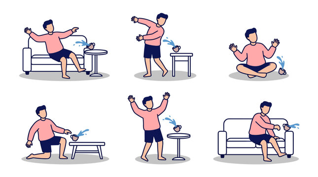 Set of illustrations depicting a clumsy man repeatedly spilling his drink in various domestic home environments with spilling accident lifestyle beverage clumsiness homeowner