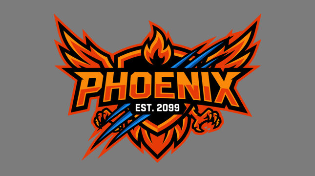 Phoenix sports mascot logo featuring a fire bird crest with sharp talon scratch marks in a dynamic emblem style for team branding athletic competition legendary mythical