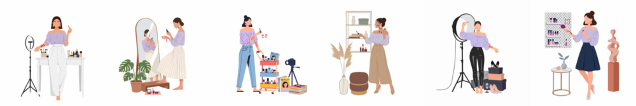 Flat vector illustrations of a female beauty influencer creating content, testing makeup products, and filming tutorials in different studio and home settings.