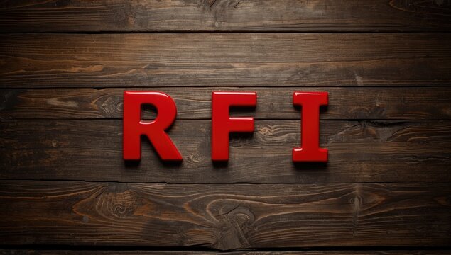 Red letters RFI on a rustic wooden background