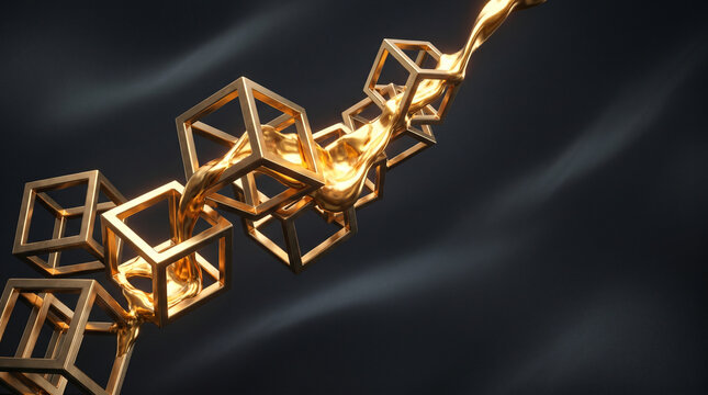 Abstract 3D render featuring a stream of molten liquid gold flowing through a series of geometric golden wireframe cubes against a dark wavy background, representing luxury and technology