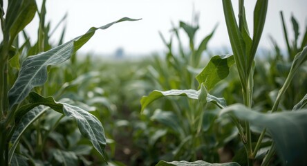 Fototapeta premium Close up view of green soybean plants in an agricultural plantation during cultivation