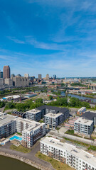 Naklejka premium Aerial shot of Skyscrapers and office buildings in the skyline in downtown Cleveland Ohio USA