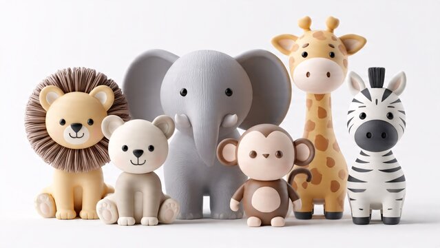 Cute animal figurines including lion, elephant, and giraffe on white background