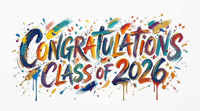 Vibrant graduation celebration design featuring colorful congratulations text and dynamic paint splatter effects for class milestone announcements
