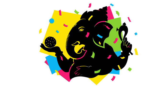 Abstract Silhouette of Lord Ganesha Holding Modak and Bell.