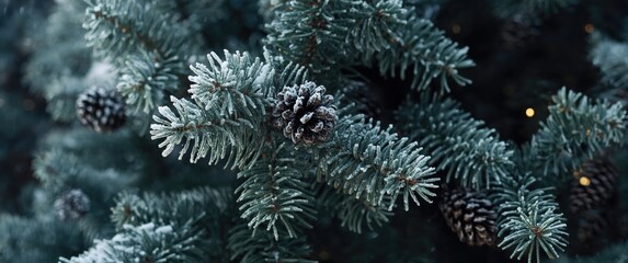 Fototapeta premium Snow-covered pine branches with cones and Christmas lights