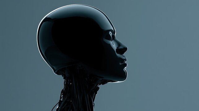 Sleek, dark, robotic head with exposed wires on neck