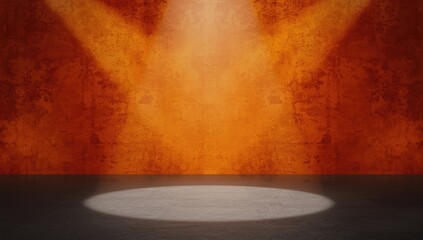 Spotlight focused on empty studio with orange abstract textured backdrop perfect for product displays