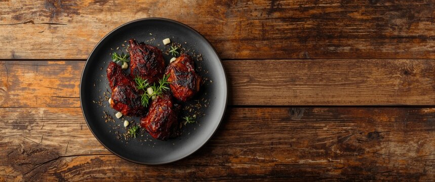 Top down view of jerk chicken served on black ceramic plate with copy space on aged wooden table