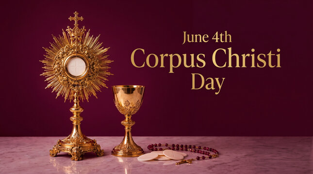 Ornate golden monstrance containing the holy host, a chalice, and rosary beads arranged on marble for the Corpus Christi Day religious celebration on June 4th with a deep purple backdrop