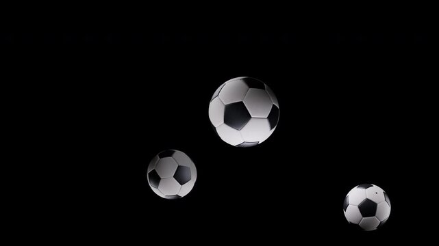 3D soccer balls bouncing into frame and rolling out with transparent background alpha channel as a seamless loop overlay, fun sport football animation for match day broadcast and social media content 
