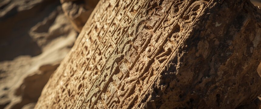 Ancient stone tablet with carved inscriptions on rocky terrain