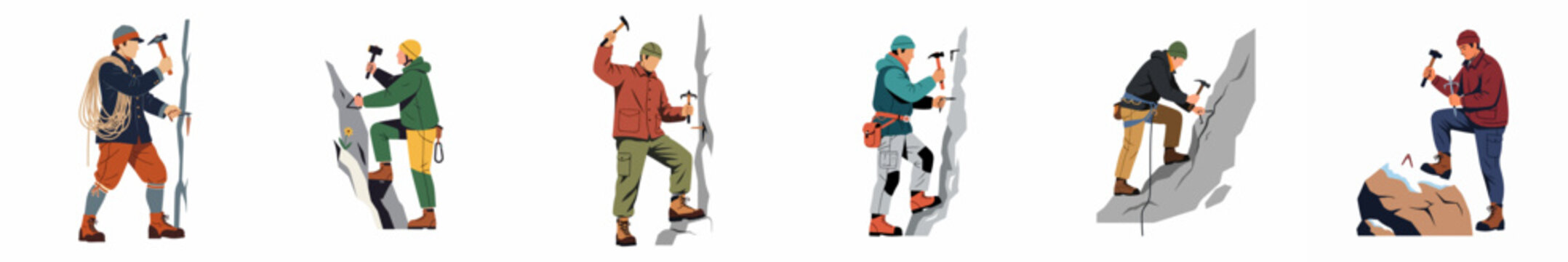 Flat illustration set of male rock climbers using traditional gear like hammers and pitons, showcasing various climbing poses on mountain walls.