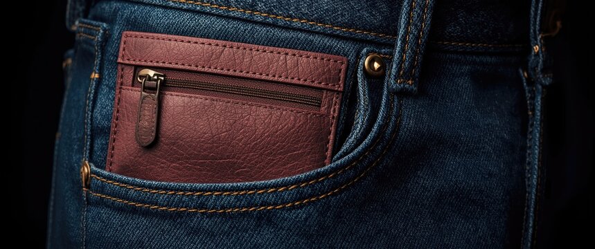 Brown leather wallet in a blue jean pocket