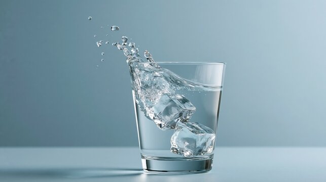 Un cubito de hielo cae en un vaso de agua refrescante sobre fondo azul