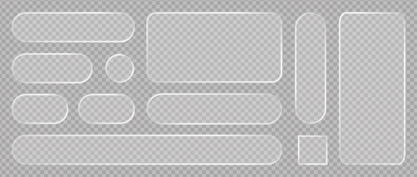 3D liquid glass frames with soft refraction effect, transparent round square buttons. Realistic glass frame for phone app design, modern glassmorphism UI elements on transparent background vector set