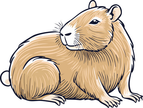 A capybara illustration, a large rodent known for its docile nature and semi-aquatic lifestyle, rendered in a detailed drawing style. The capybara is depicted sitting.