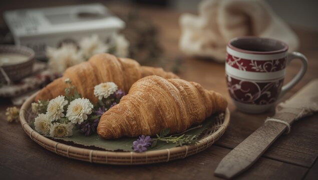 Croissants and flowers on a wooden table with coffee mug