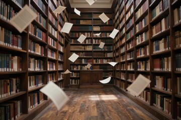 Obraz premium Books are falling in a library with shelves filled with various titles and wooden floors