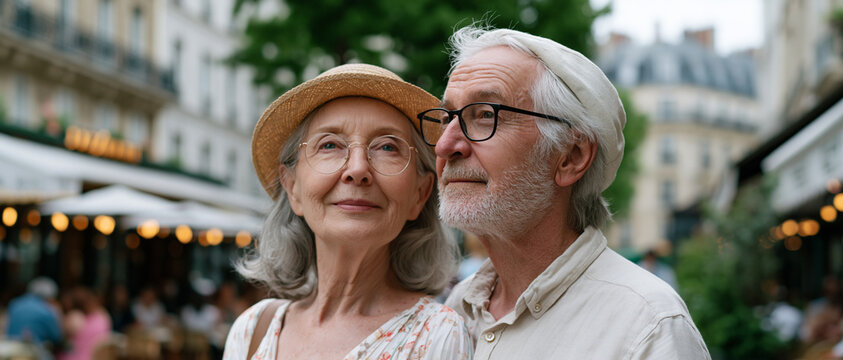  Portrait d'un couple de seniors &eacute;l&eacute;gants regardant vers l'avenir avec optimisme lors d'un voyage &agrave; Paris, France. Concept de retraite heureuse, tourisme de luxe et libert&eacute; financi&egrave;re. Banni&egrave;re avec a