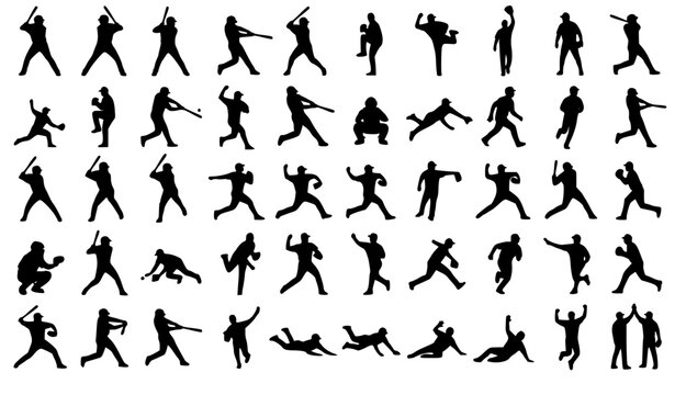 Baseball Player Silhouette Vector Set with Batting Pitching Running and Fielding Poses