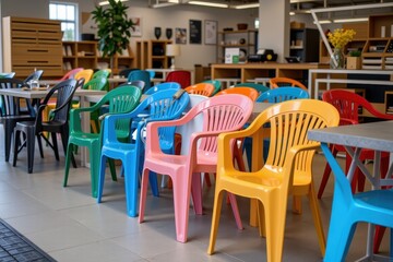 Fototapeta premium Colorful plastic chairs arranged in a bright, open room