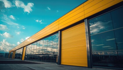Fototapeta premium Sleek commercial facade showcasing yellow roller shutters and reflective glass panels beneath a vivid blue sky with copy space