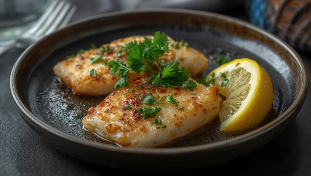 Saut&Atilde;&copy;ed haddock fillets with lemon and chopped parsley garnish